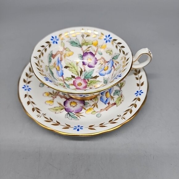 Hand Painted Royal Chelsea Rich Floral Center Tea Cup and Saucer Set - Picture 1 of 9